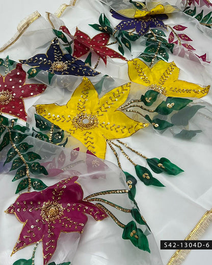 Handpaint Organza Dupatta with Nagina Beads, Cut Dana & Mirror Work