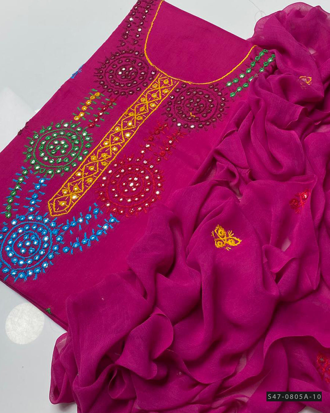 3-Piece Hand Embroidered Lawn Suit – Thread & Mirror Work