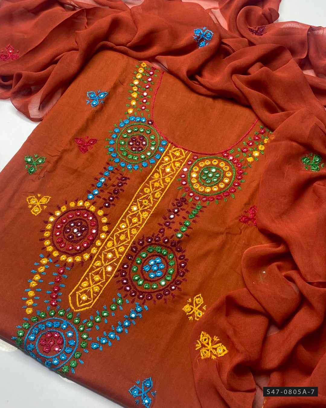 3-Piece Hand Embroidered Lawn Suit – Thread & Mirror Work