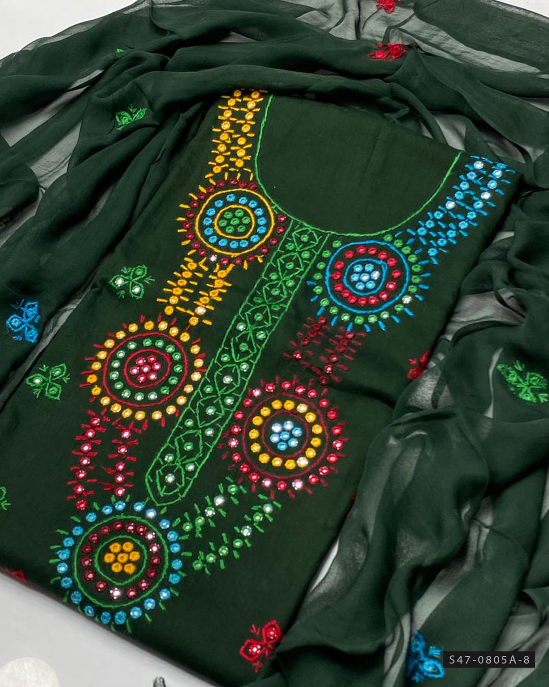 3-Piece Hand Embroidered Lawn Suit – Thread & Mirror Work