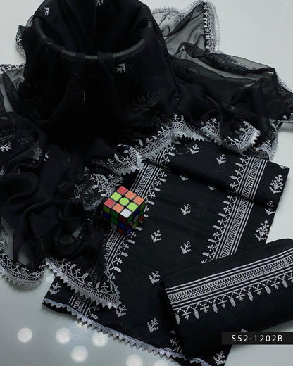 Cross Stitch Black & White 3PC Embroidered Lawn Suit with Chiffon Dupatta