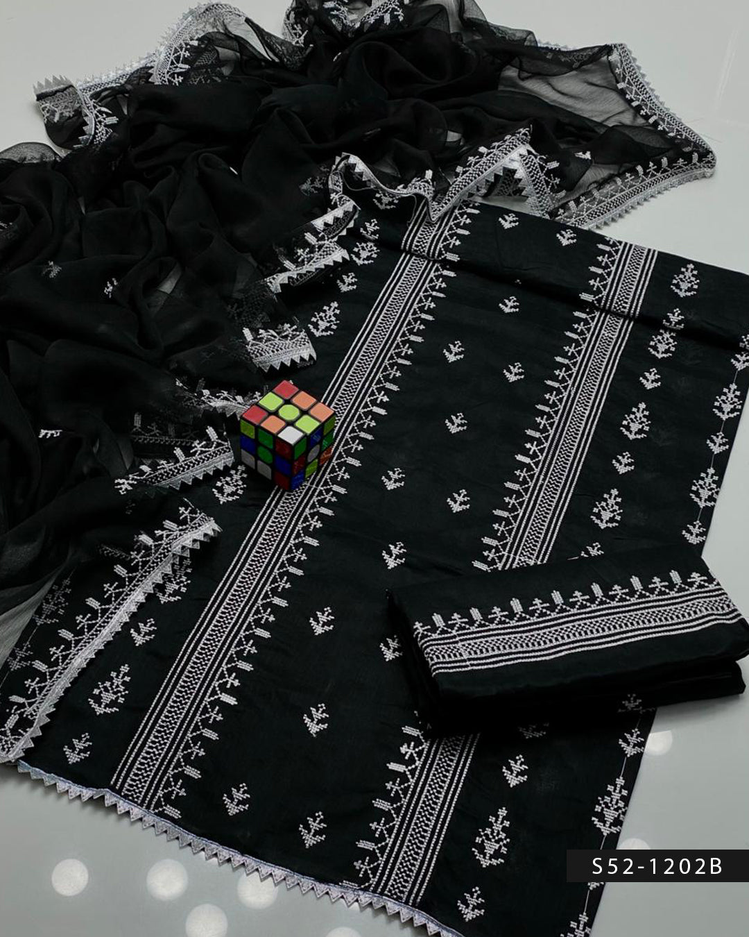 Cross Stitch Black & White 3PC Embroidered Lawn Suit with Chiffon Dupatta