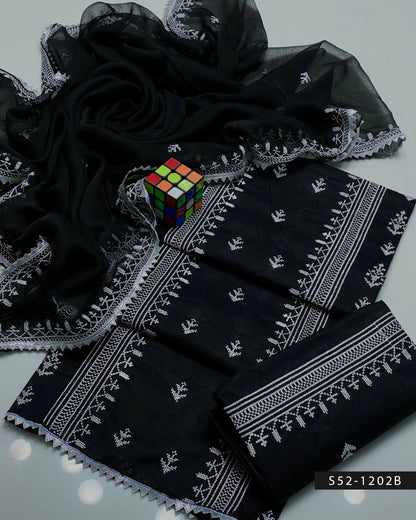Cross Stitch Black & White 3PC Embroidered Lawn Suit with Chiffon Dupatta
