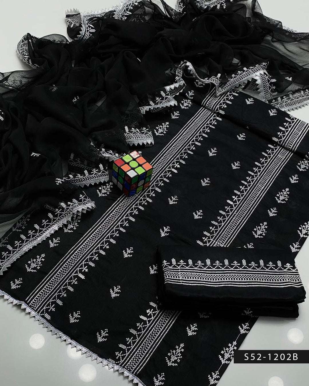 Cross Stitch Black & White 3PC Embroidered Lawn Suit with Chiffon Dupatta