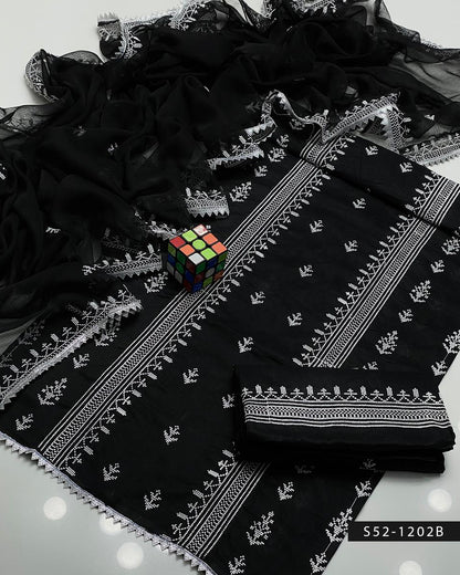 Cross Stitch Black & White 3PC Embroidered Lawn Suit with Chiffon Dupatta