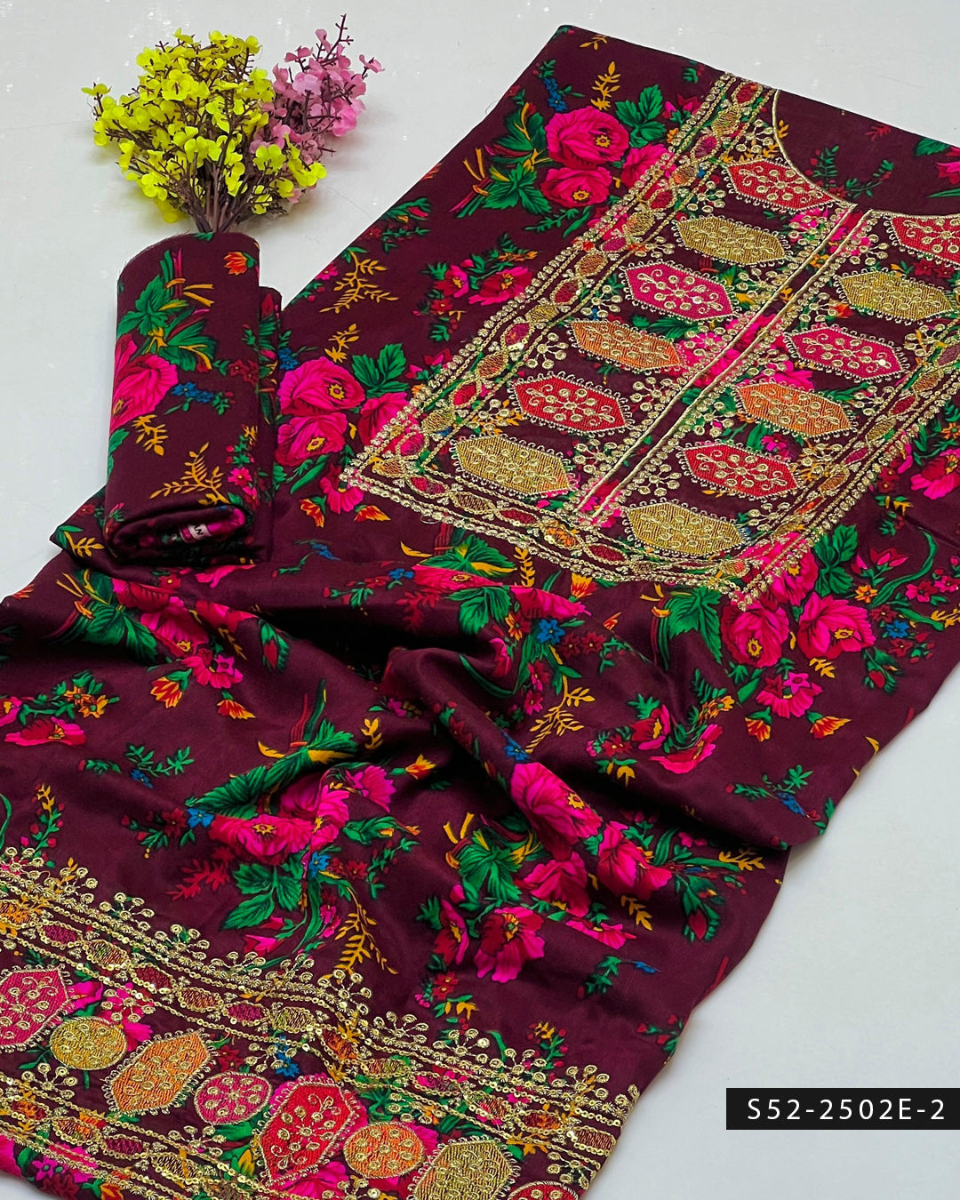 2PC Swiss Marina Digital Printed Embroidered Dress
