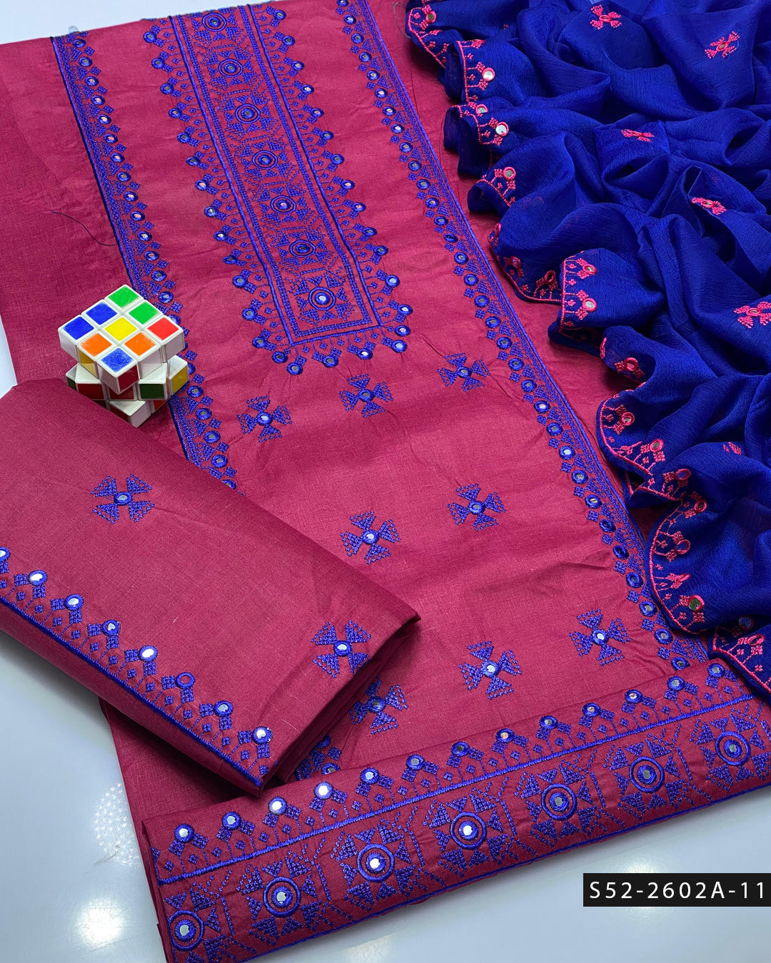 3PC Lawn Cotton 9MM Mirror Embroidered Dress – Cross Stitch Collection