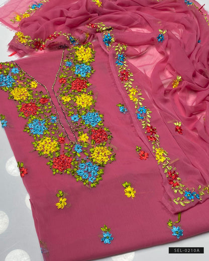Handmade 2 PC Unstitched Chiffon Ribbon Work Dresses