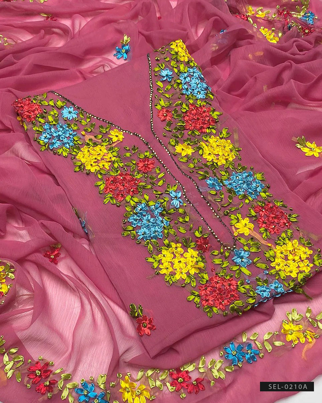 Handmade 2 PC Unstitched Chiffon Ribbon Work Dresses