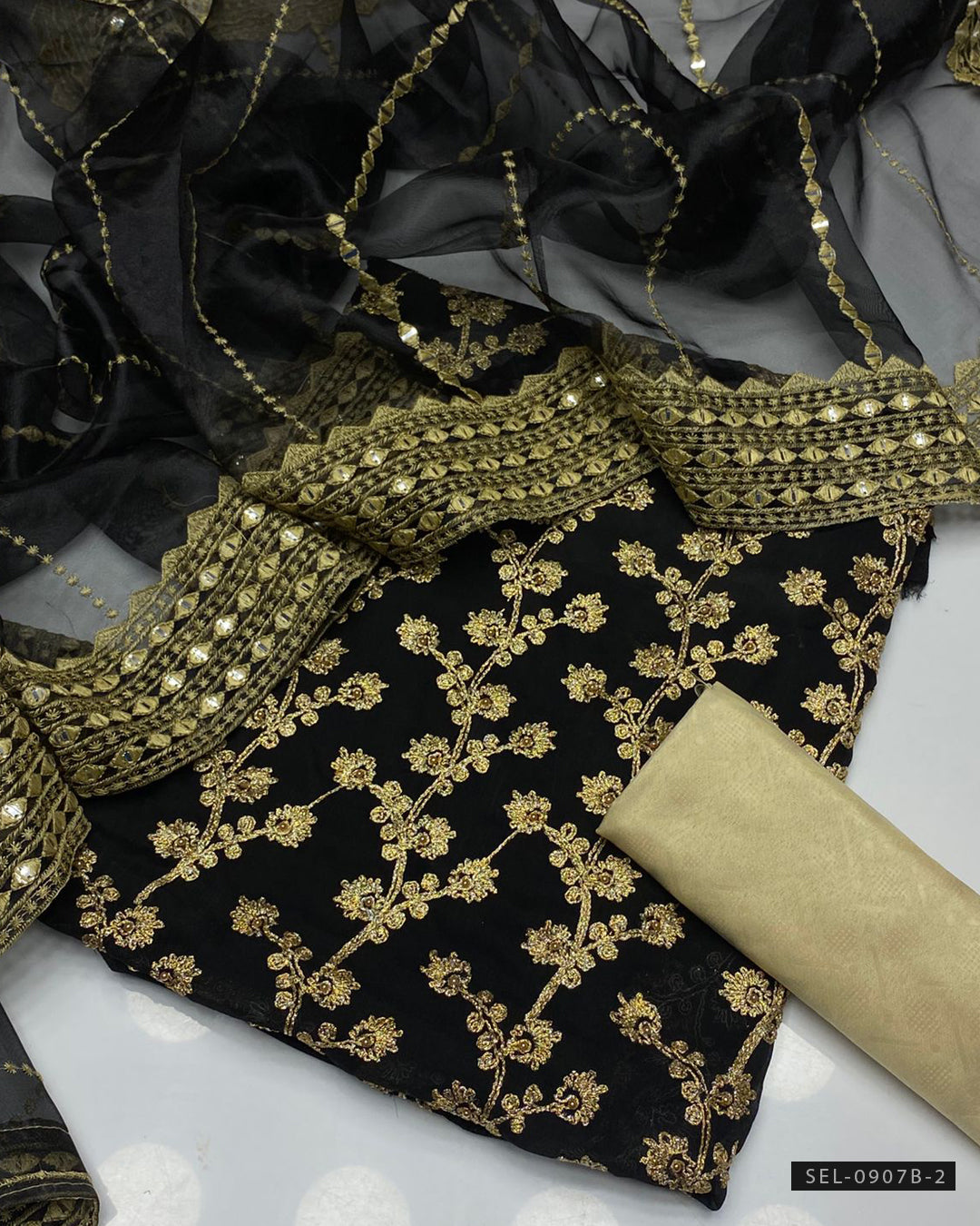 3 PC Fancy Chiffon Suit – Nag Jaal Embroidery & Mirror Work
