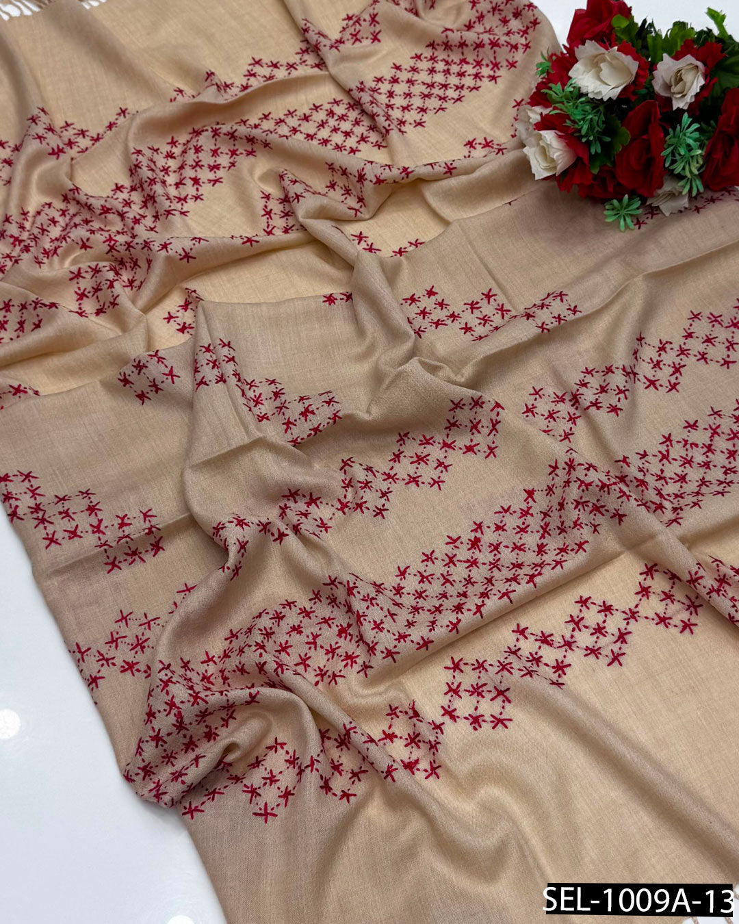 Pure Wool Swati Hand Embroidered Shawl | Chawal Tanka Jaal