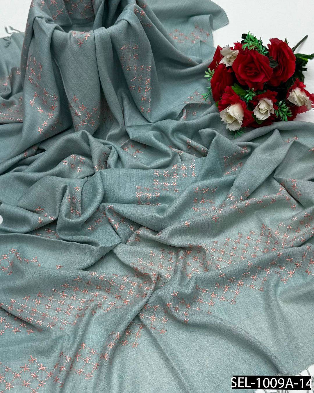 Pure Wool Swati Hand Embroidered Shawl | Chawal Tanka Jaal