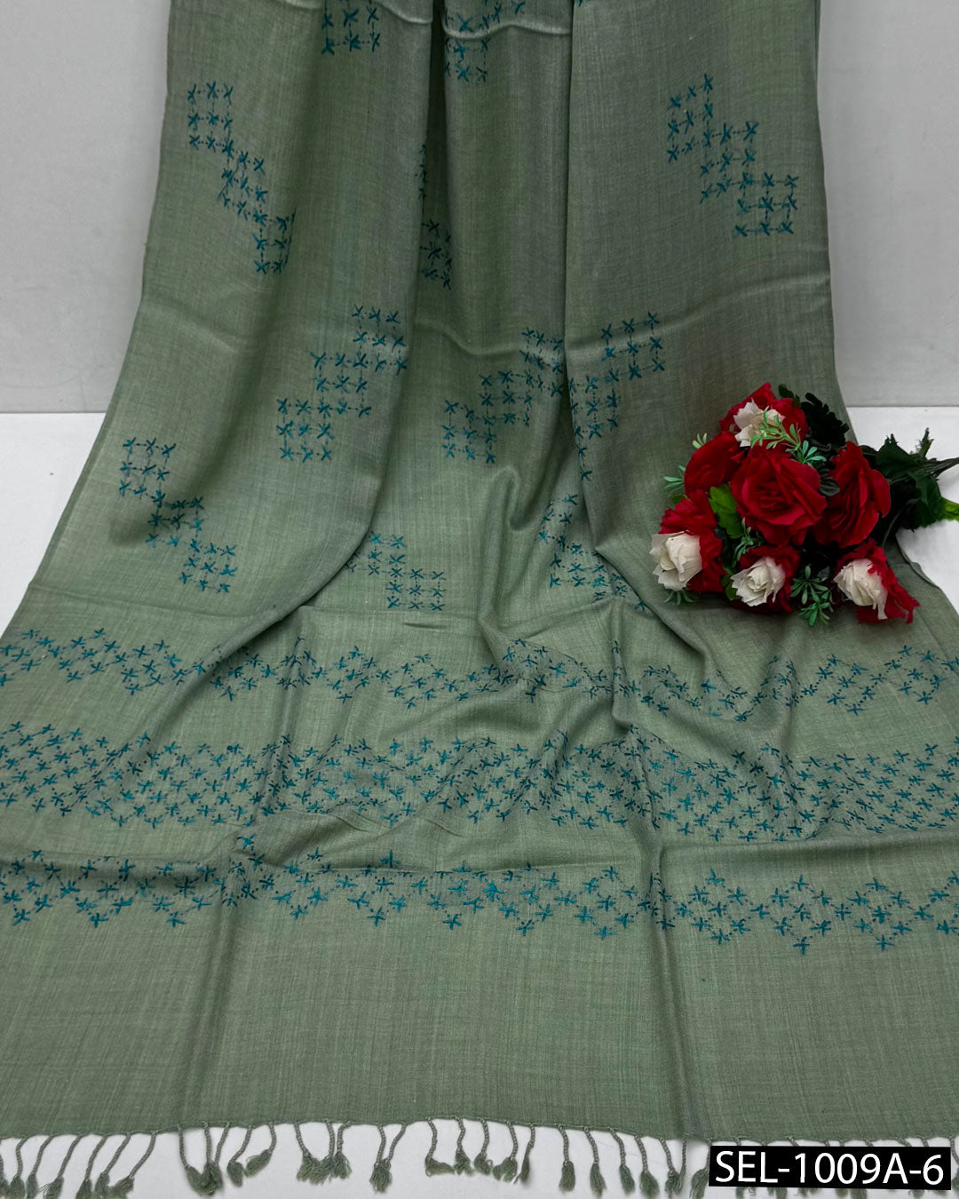 Pure Wool Swati Hand Embroidered Shawl | Chawal Tanka Jaal