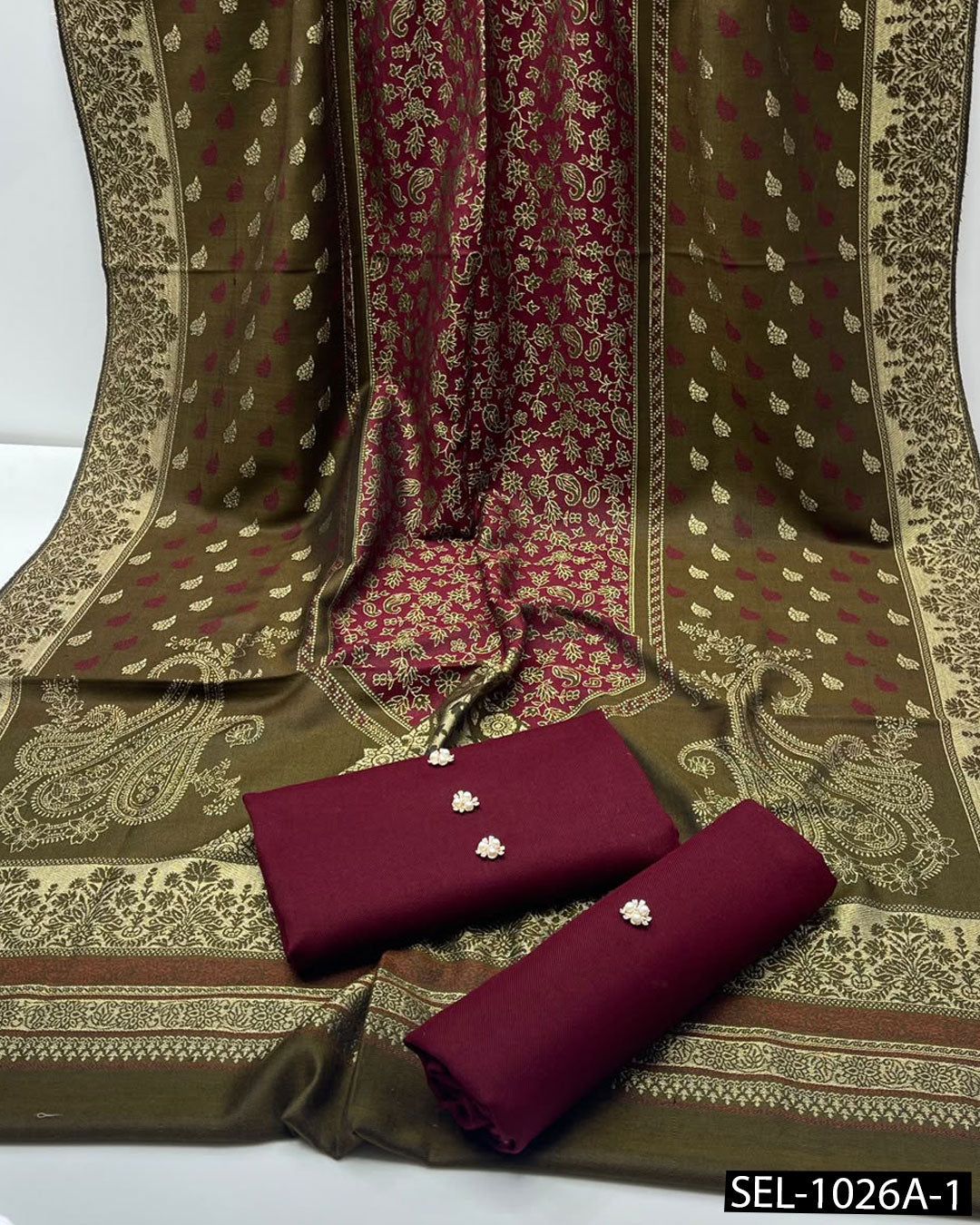 3-Piece Dhanak Winter Suit with Jacquard Banarsi Pashmina Wool Shawl