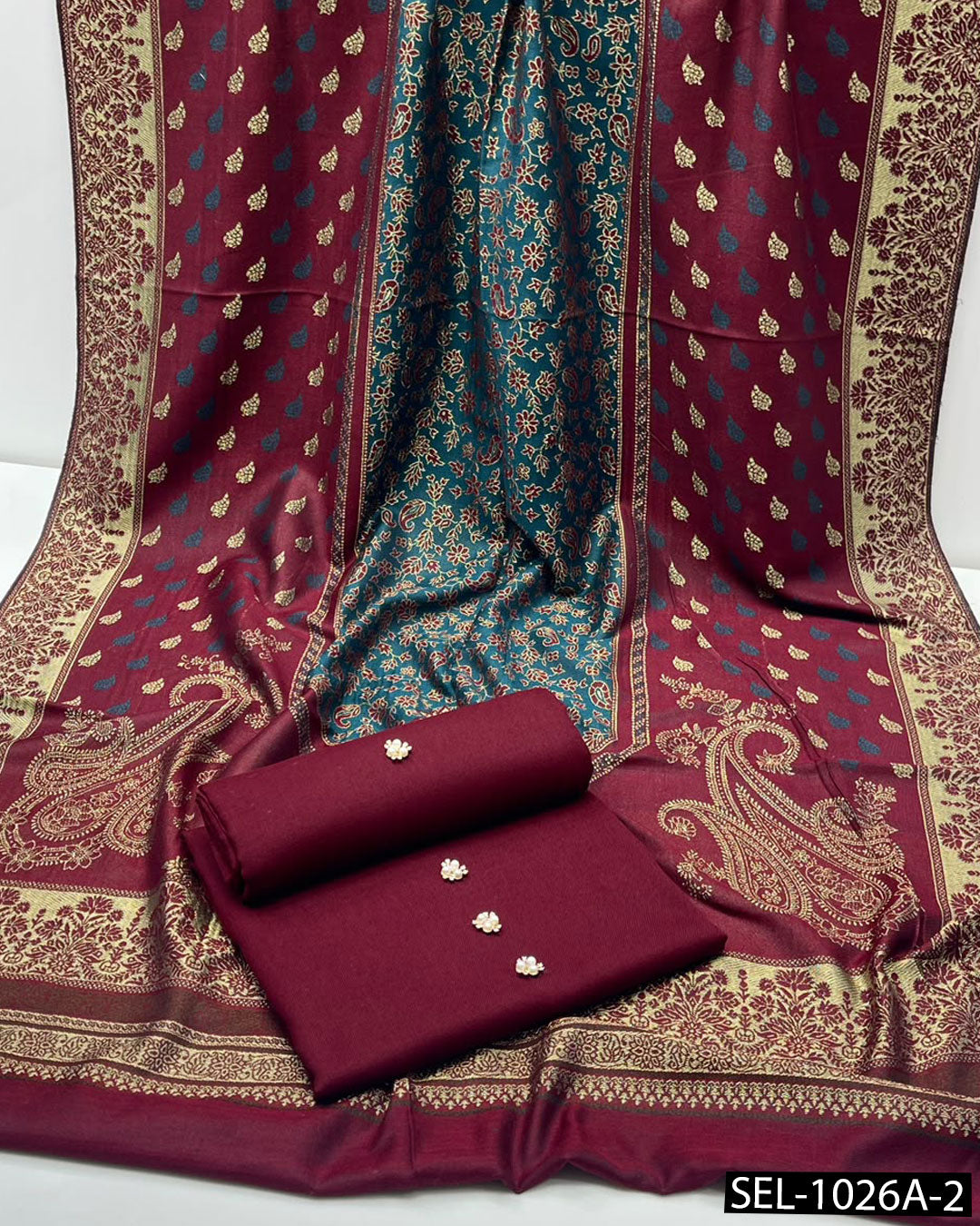 3-Piece Dhanak Winter Suit with Jacquard Banarsi Pashmina Wool Shawl