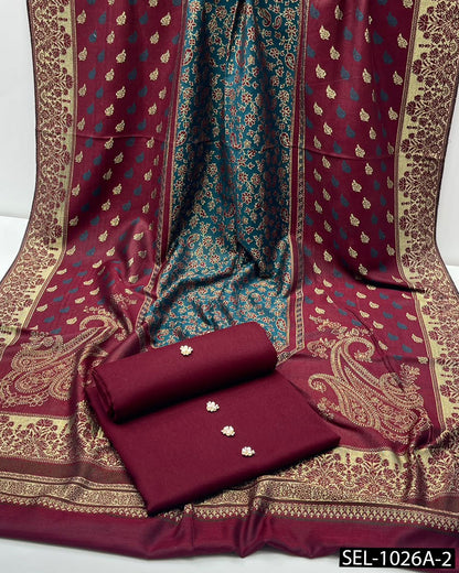 3-Piece Dhanak Winter Suit with Jacquard Banarsi Pashmina Wool Shawl