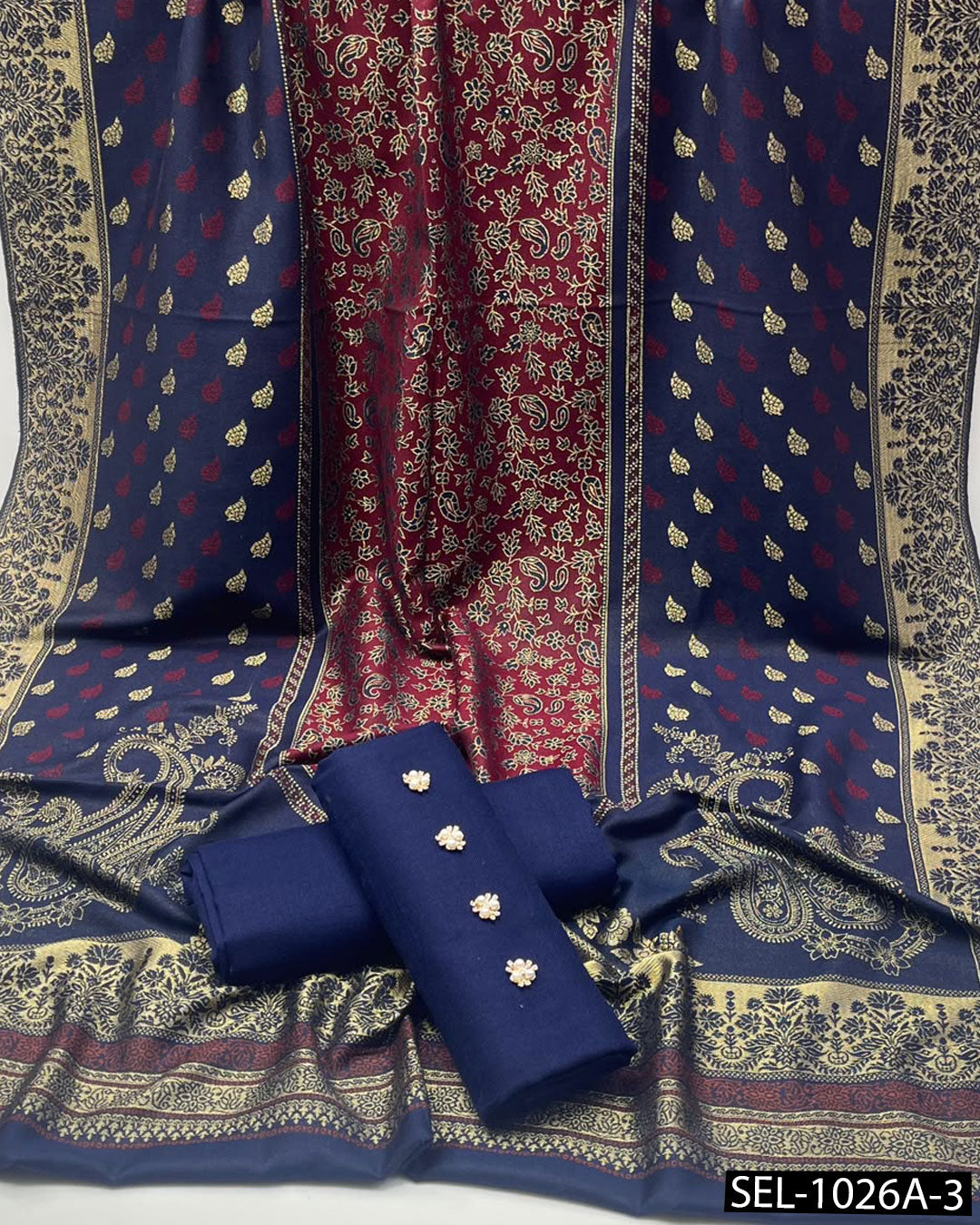 3-Piece Dhanak Winter Suit with Jacquard Banarsi Pashmina Wool Shawl