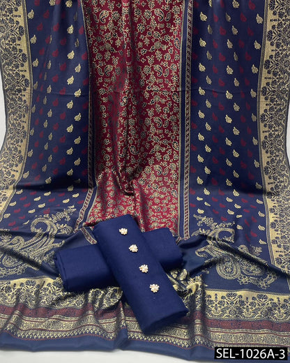 3-Piece Dhanak Winter Suit with Jacquard Banarsi Pashmina Wool Shawl