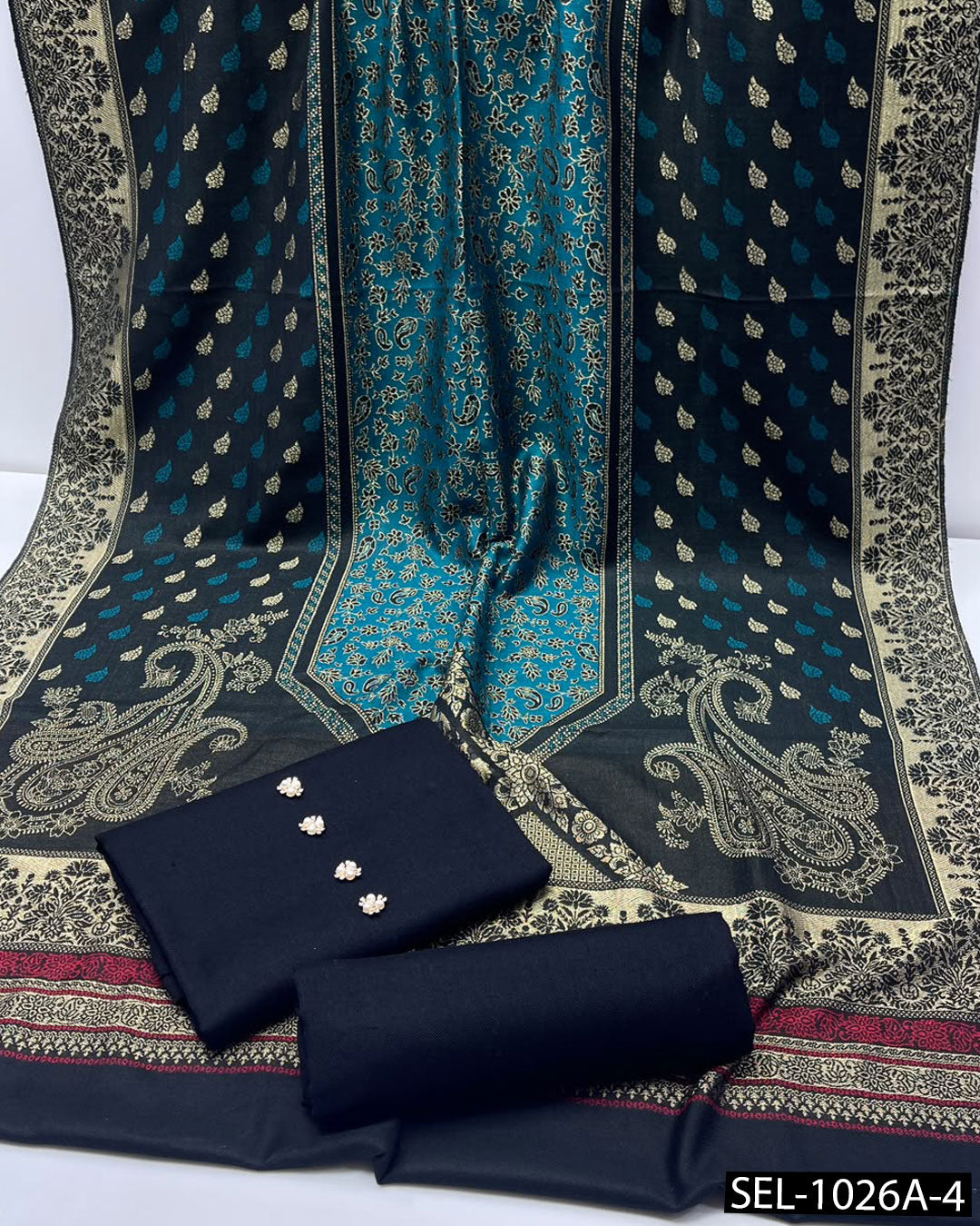 3-Piece Dhanak Winter Suit with Jacquard Banarsi Pashmina Wool Shawl