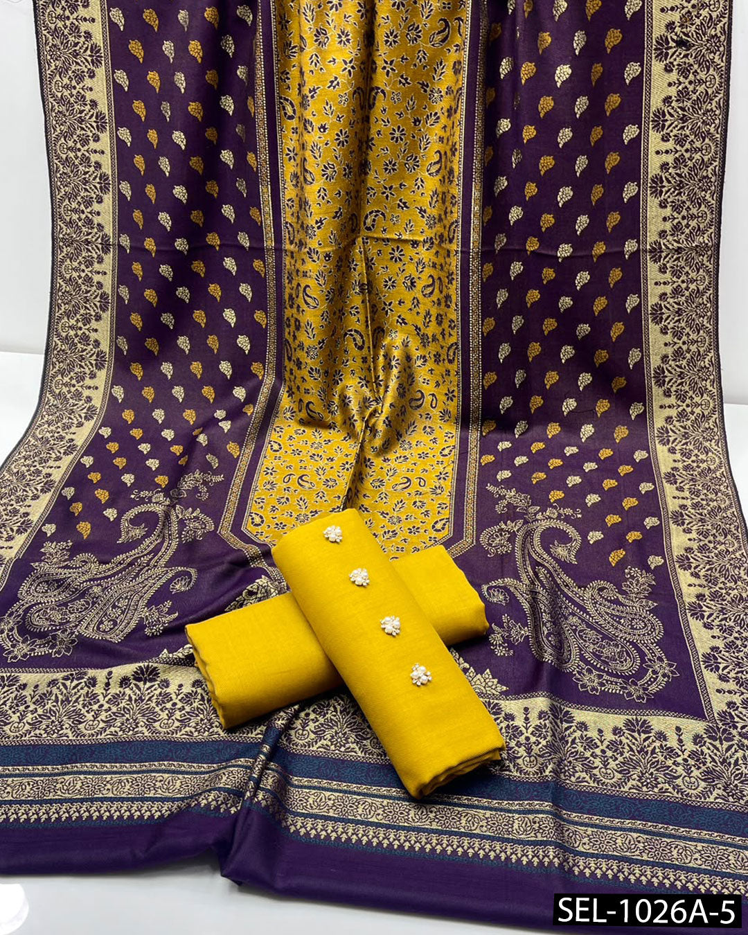 3-Piece Dhanak Winter Suit with Jacquard Banarsi Pashmina Wool Shawl