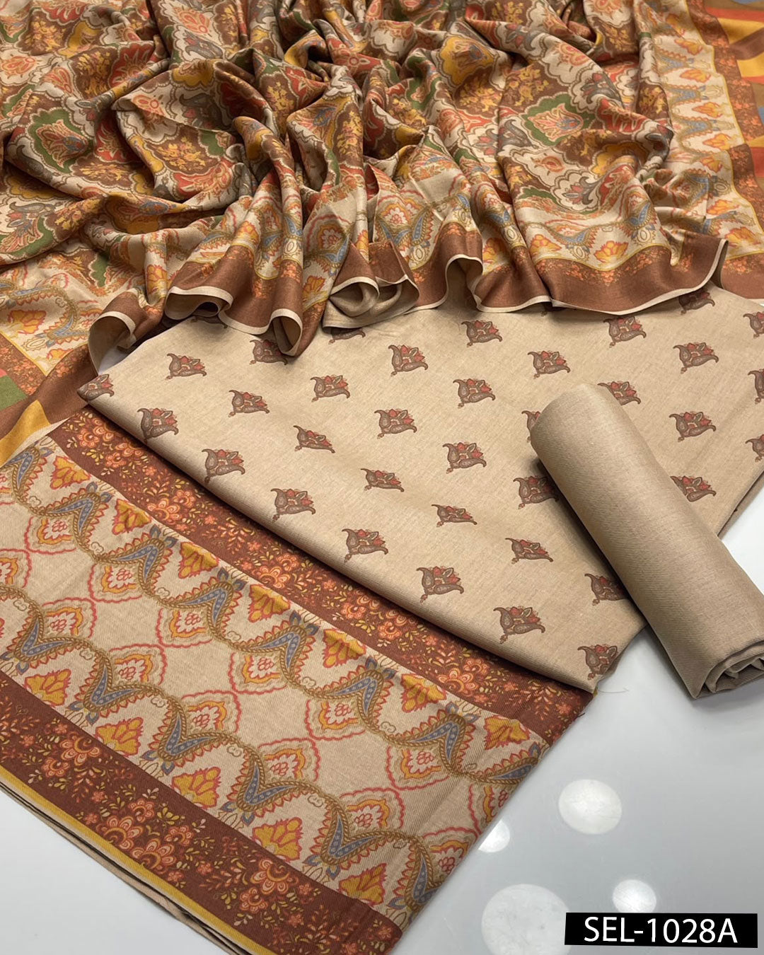 Kalamkari Print Pashmina Wool 3-Piece Winter Suit