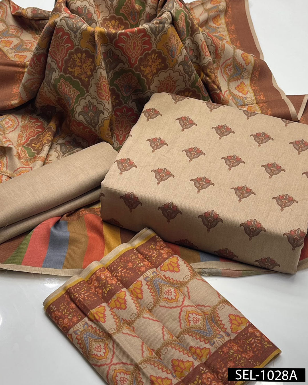 Kalamkari Print Pashmina Wool 3-Piece Winter Suit