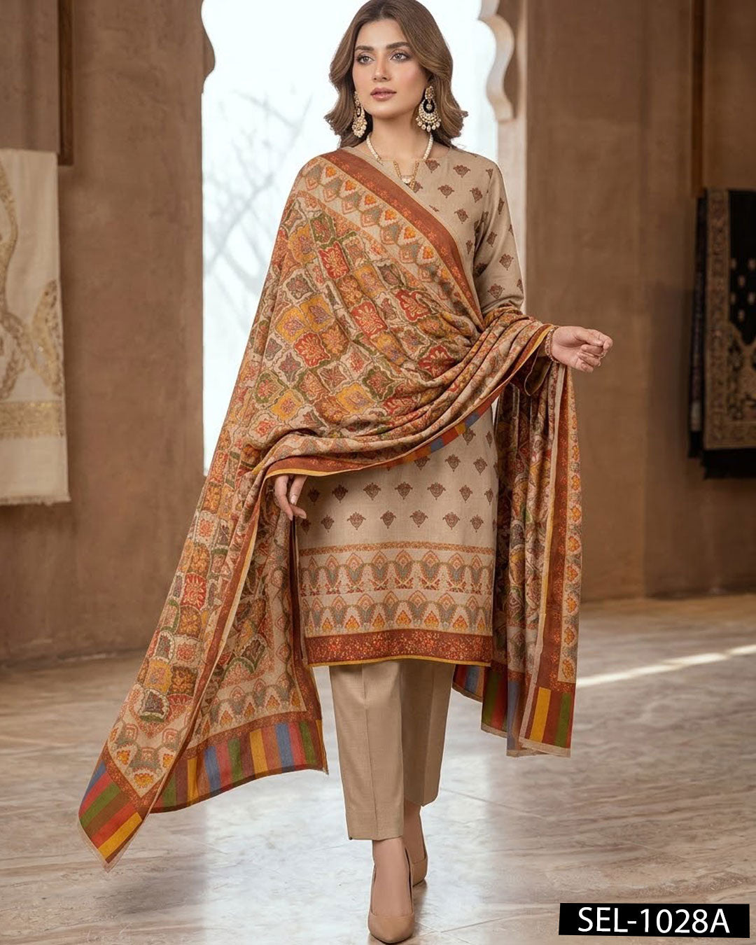 Kalamkari Print Pashmina Wool 3-Piece Winter Suit