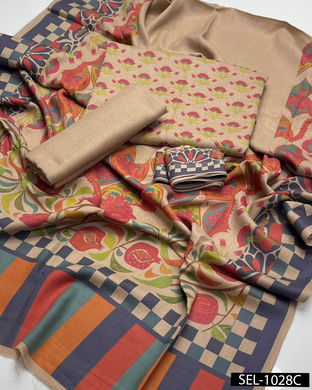 3-Piece Kalamkari Print Pashmina Wool Unstitched Suit