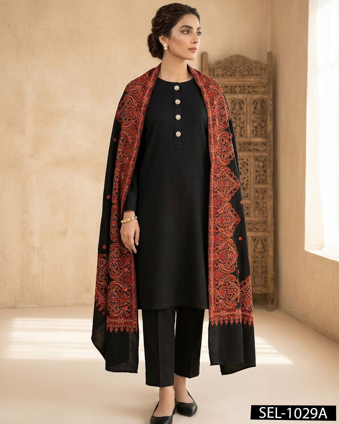 Pure Pashmina Wool 3-Piece Winter Suit with Kashmiri Embroidered Shawl