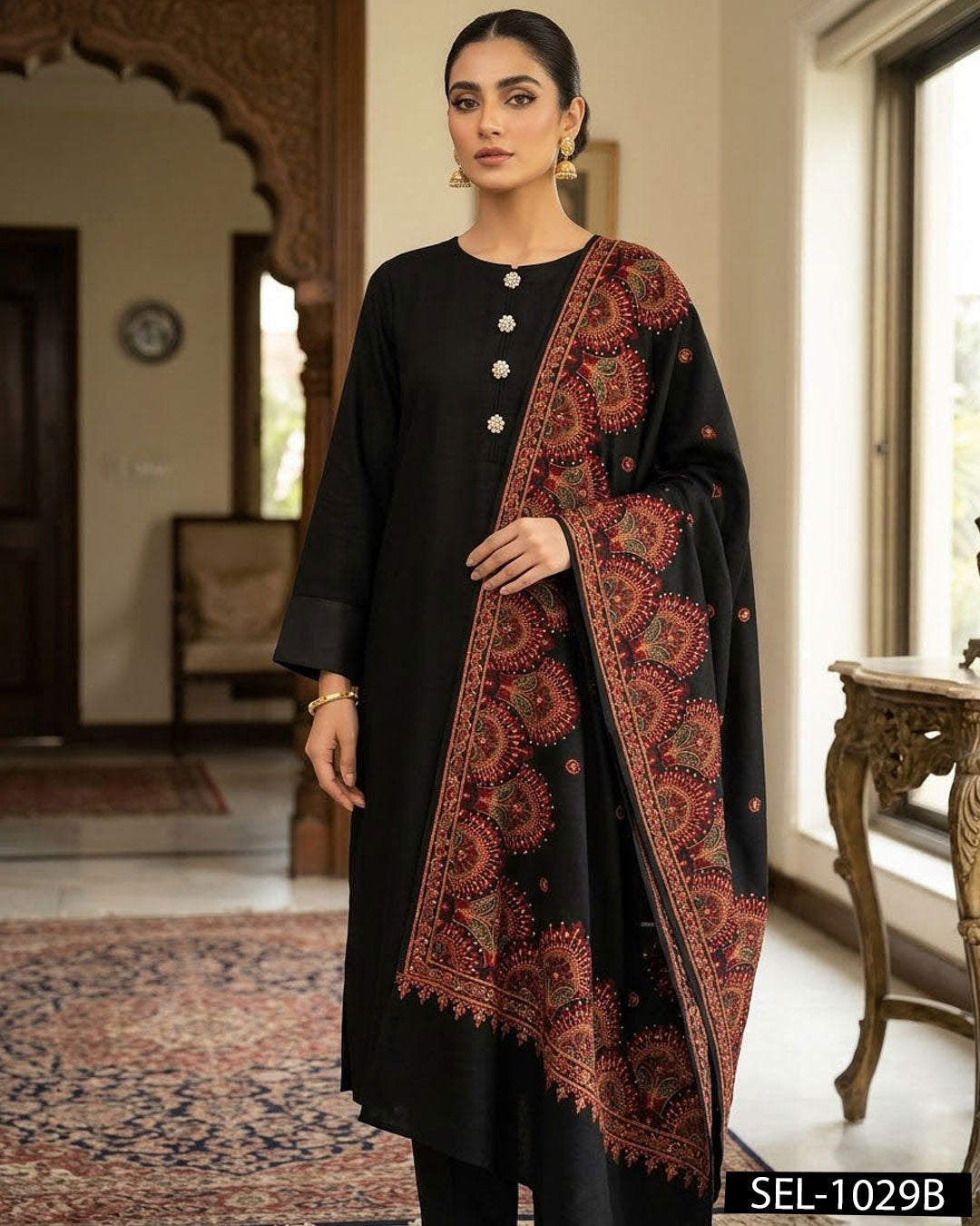 Elegant Pashmina Wool Winter Suit with Embroidered Kashmiri Shawl
