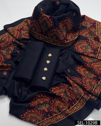 Elegant Pashmina Wool Winter Suit with Embroidered Kashmiri Shawl