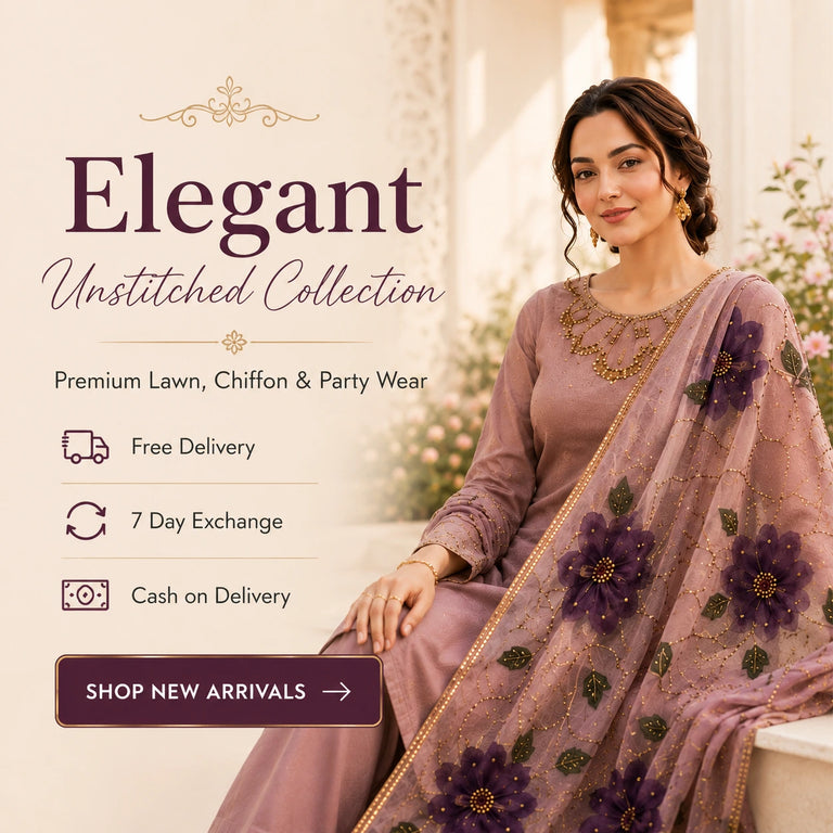 A woman models a lavender and purple embroidered traditional outfit with a matching dupatta in a warm, elegant indoor setting. The image includes promotional text for the 'Elegant Unstitched Collection' with features like free delivery, 7-day exchange, and cash on delivery.