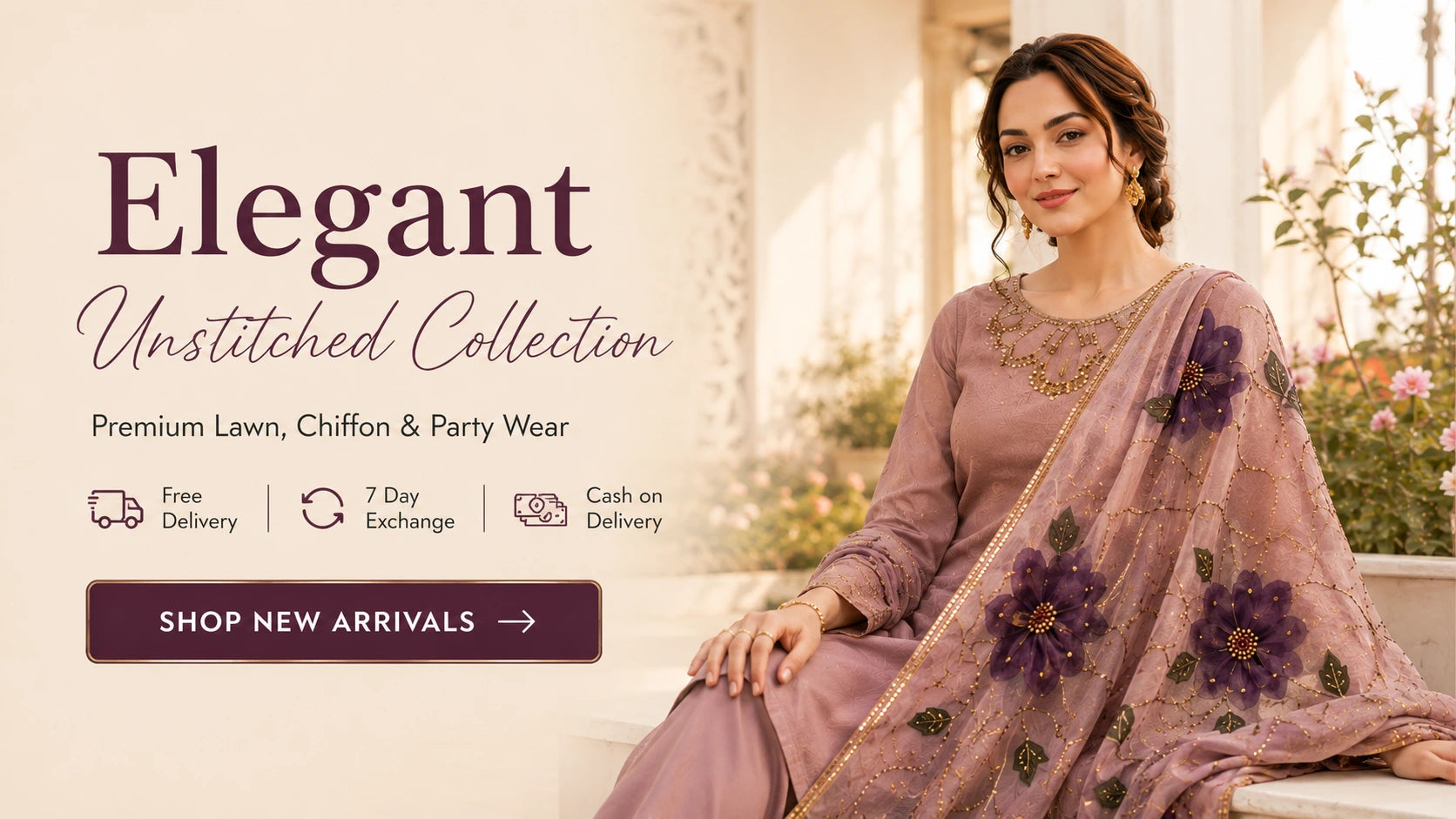 A woman models a lavender-purple embroidered traditional outfit with a matching dupatta draped over her lap, set against a warm, sunlit outdoor patio background. The left side of the image features promotional text for the 'Elegant Unstitched Collection' with delivery and exchange details.