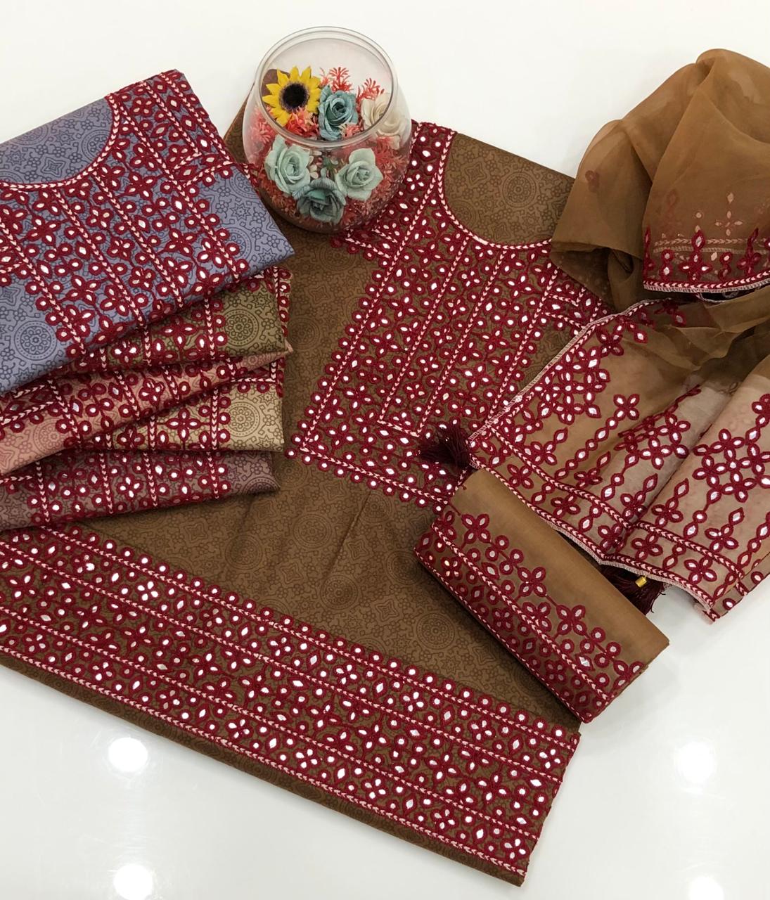 3 PC Unstitched Lawn Embroidered Shirt & Trouser With Organza Dupatta