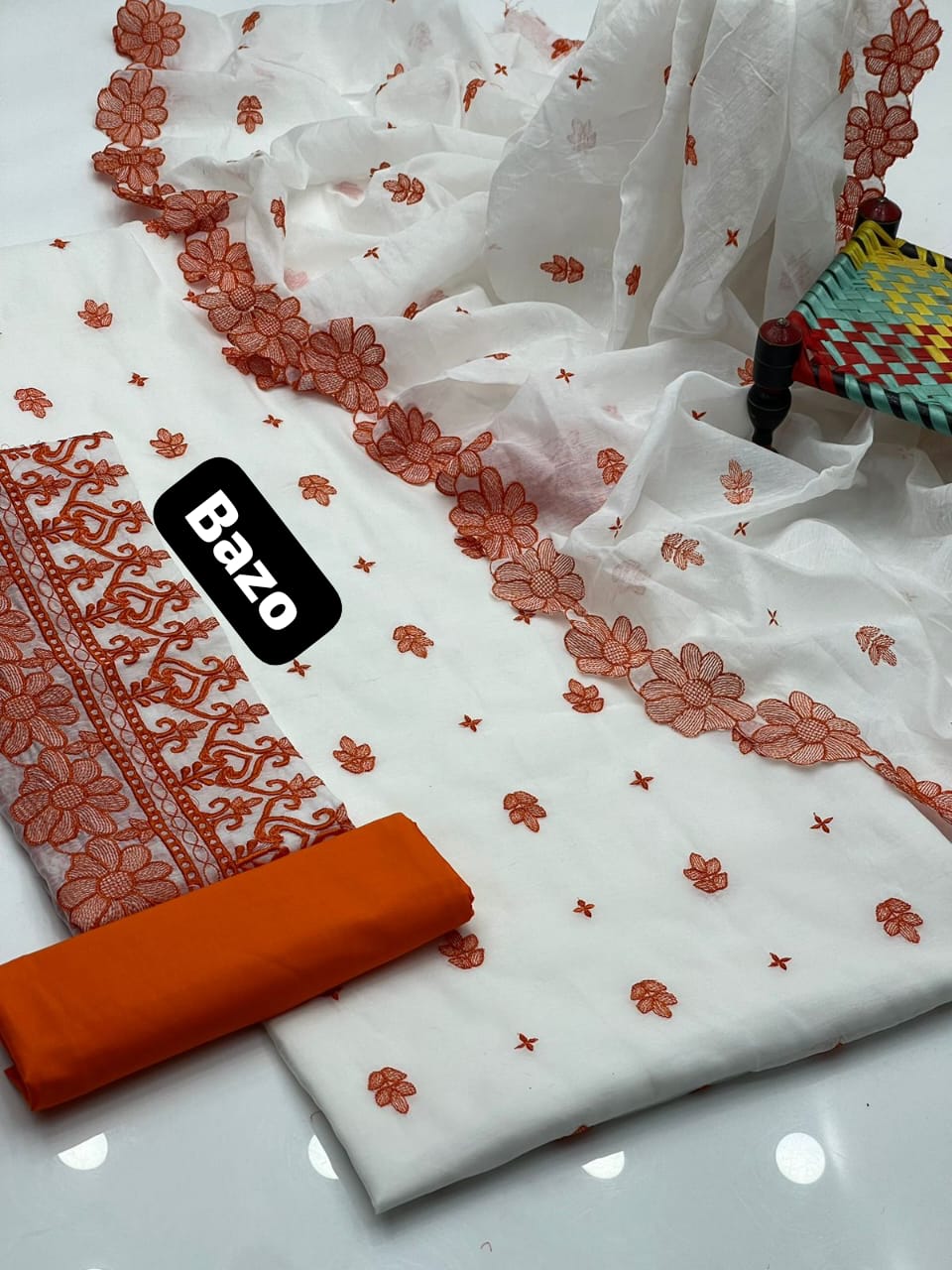 3 PC Unstitched Khadi Net Embroidered Shirt & Dupatta WIth Kathaan Silk Trouser