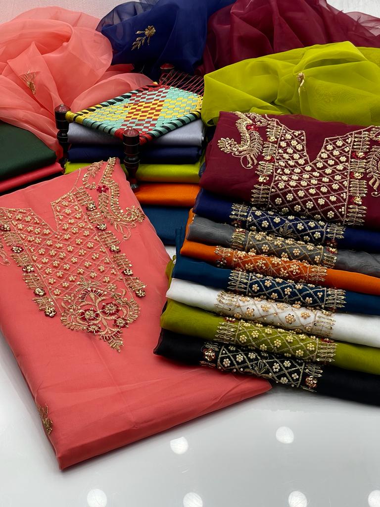 3 PC Unstitched Organza Embroidered Shirt & Dupatta With Kathaan Silk Trouser