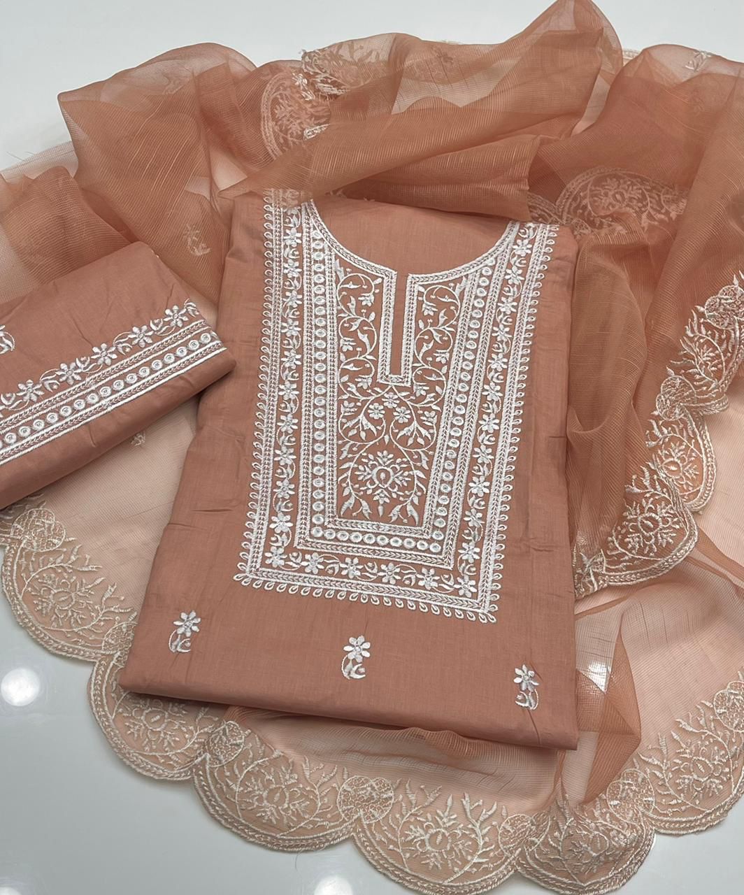 3 PC Unstitched Cotton Lawn Embroidery Shirt & Trouser With Khadi Net Dupatta