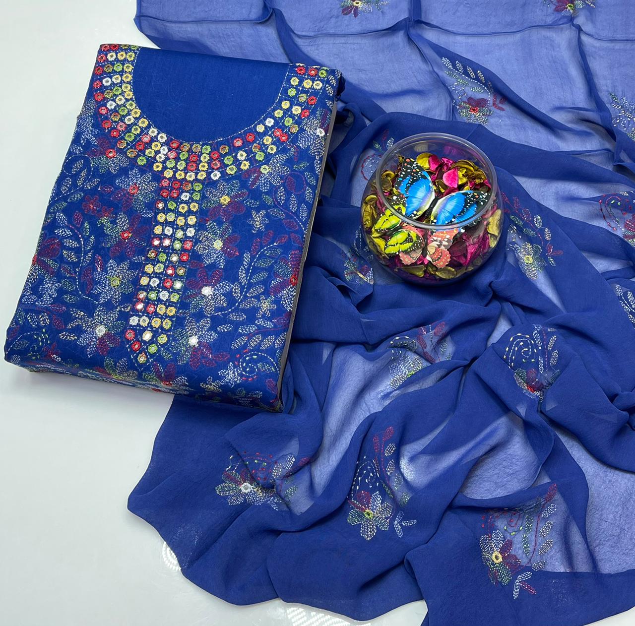 3 PC Unstitched Lawn Embroidery Shirt & Trouser With Chiffon Dupatta