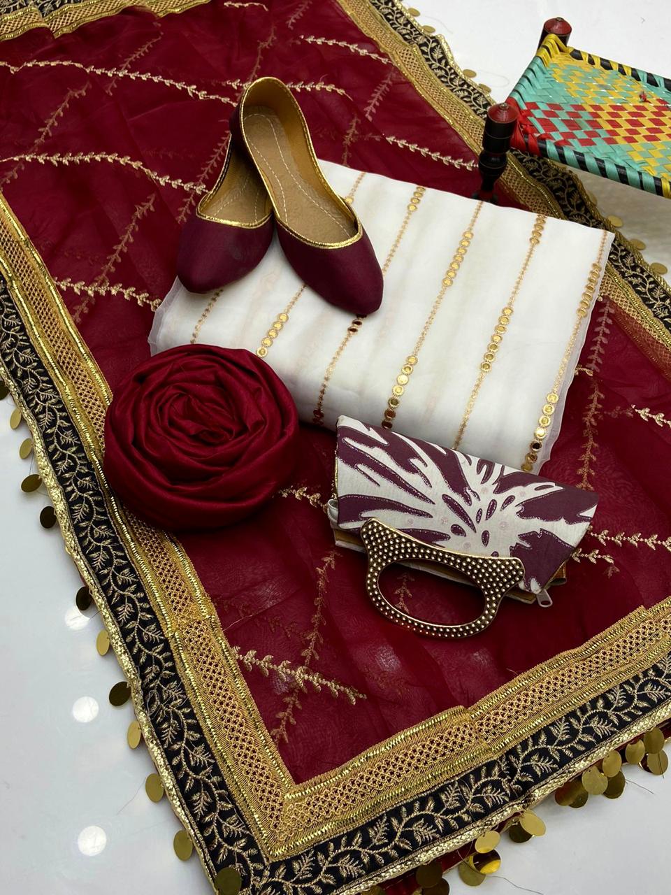 3 PC Unstitched Organza Embroider Shirt & Dupatta With Kathaan Silk Trouser