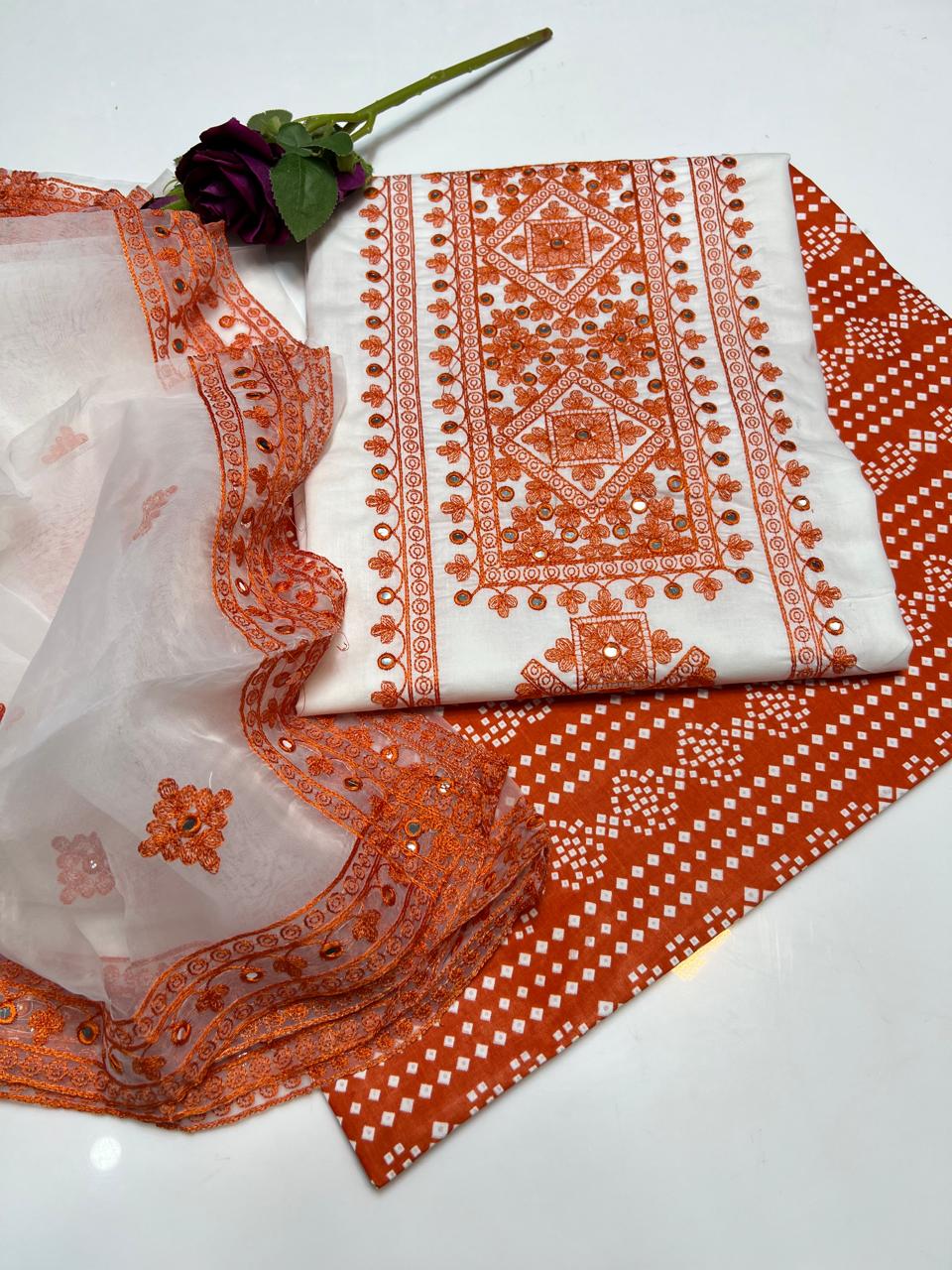 3 PC Unstitched Lawn Embroidery Shirt & Trouser With Organza Dupatta