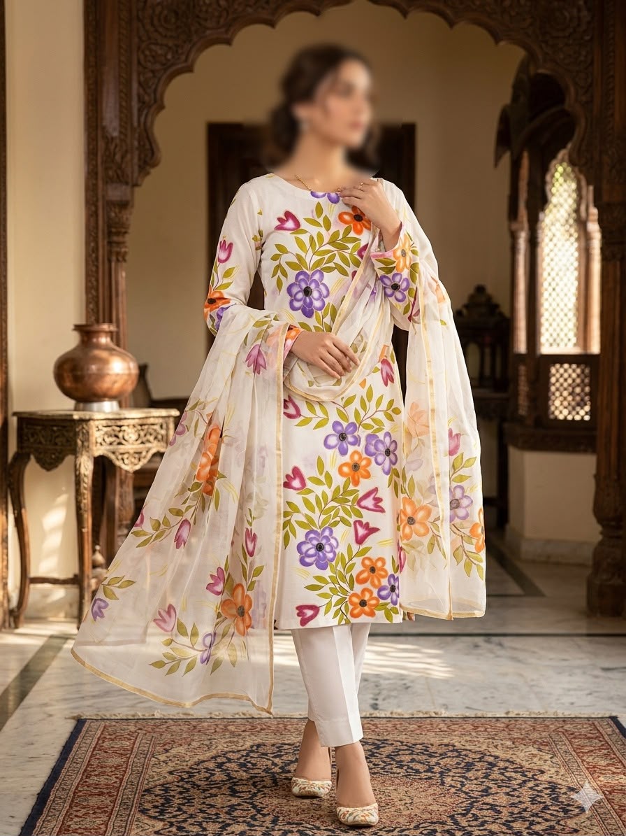Gul Ahed Premium Lawn 3PC Unstitched Dress| Handmade Oil Paint Collection